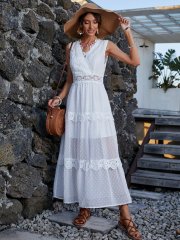 OMONSIM Wholesale White Pattern Edge Translucent Layering Sleeveless Maxi Women Dresses