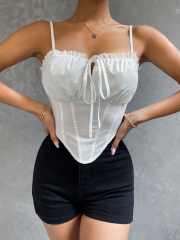 OMONSIM Wholesale Sexy Women Camisole White Asymmetrical Hem Fashion Slim Camis Tube Top Lace Up Sleeveless Backless Lady Crop Tops