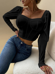 OMONSIM Wholesale White Black Women Work Shirts Square Neck Long Sleeve Tube Top Elegant Fashion Autumn Clothing Tops