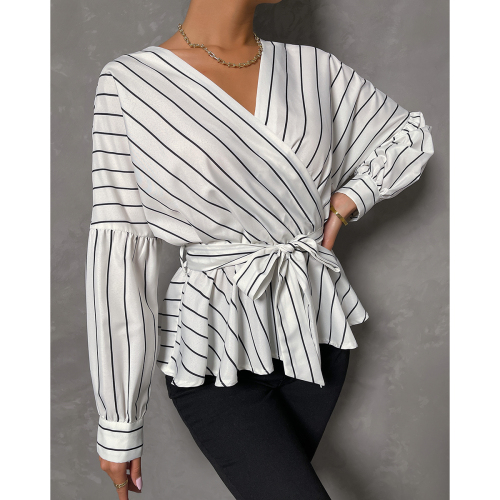 OMONSIM Wholesale Long Sleeve White Blouses Women Sweet Bow Lace-Up Striped Top Ladies Shirts