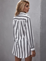 OMONSIM Wholesale New Loose Office Worker Striped Front Buckle Tied Belt Dress For Women