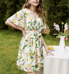 OMONSIM Wholesale Early Autumn New Fashion Versatile Flower Print V-neck Waist-strap Ruffle Short Dress Women