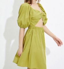 OMONSIM Wholesale Green Square Neck Dress Women Show White Waist Hollow Out Design Puff Sleeve Skirt