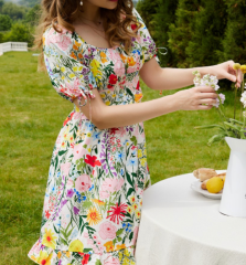 OMONSIM Wholesale Summer Floral New Puff Sleeve Dress Design Small Waist Square Neck Skirt Women