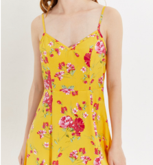 OMONSIM Wholesale Summer Elegant Temperament Yellow Floral Long Dress Feminine Side Slit Design Dress