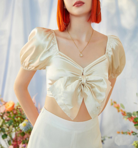 OMONSIM Wholesale New Summer Sweet Bow Knot Design Waist Short Style V-neck Short Sleeve Top