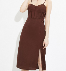 OMONSIM Wholesale Coffee Color Summer New Waist Sling Dress Hem Side Split Retro Temperament Skirt