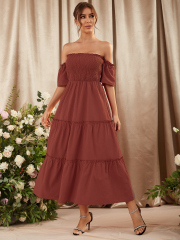 OMONSIM Wholesale Summer Pleated Three Layer Tower Backless Short Sleeve Women Maxi Dresses