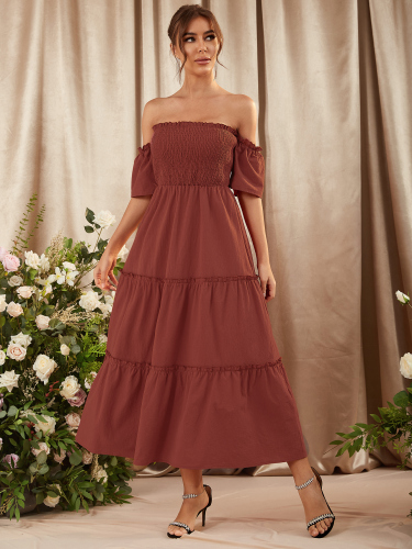 OMONSIM Wholesale Summer Pleated Three Layer Tower Backless Short Sleeve Women Maxi Dresses