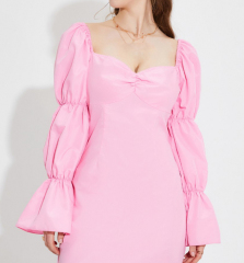 OMONSIM Wholesale Sexy Tube Top Square Neck Puff Sleeves Pink Retro Summer Dress