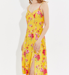 OMONSIM Wholesale Summer Elegant Temperament Yellow Floral Long Dress Feminine Side Slit Design Dress