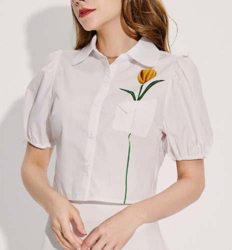 OMONSIM Wholesale Premium Vintage Tulip Embroidered Puff Sleeve Shirts Women's Summer New Design Chic Tops
