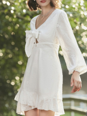 OMONSIM Wholesale new white temperament slim and sweet puff sleeve dress bow hollow design irregular skirt women