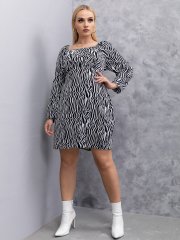 OMONSIM Wholesale Fashion Plus Size Womens Dress Square Neck Zebra Stripes Long Sleeve Loose Oversize Dress