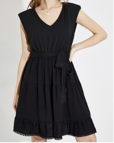 OMONSIM Wholesale Elegant Sleeveless V Neck Bow Belt Design Pleated Hem Cake Dress