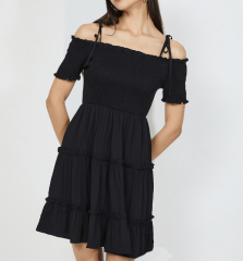 OMONSIM Wholesale Black Off Shoulder Lace Up Pleated Cake Dress Short Sleeve Women
