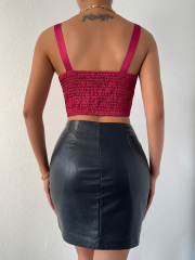 OMONSIM Wholesale Red Women Sexy Camisole Satin Sleeveless Backless Slim Fit Tank Top Summer Asymmertic Hem Crop Top