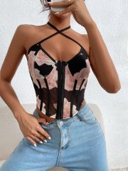 OMONSIM Wholesale Sexy Women Sleeveless Criss Cross Asymmertic Hem Tank Tops Floral Mesh Tie Backless Bustier Halter Top