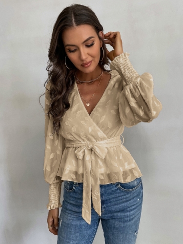 OMONSIM Wholesale Long Sleeve Casual Blouses Women Sexy Elegant Bow Lace Up V-neck Fashion Ladies Tops Apricot and Blue