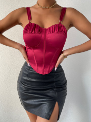 OMONSIM Wholesale Red Women Sexy Camisole Satin Sleeveless Backless Slim Fit Tank Top Summer Asymmertic Hem Crop Top