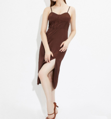 OMONSIM Wholesale Coffee Color Summer New Waist Sling Dress Hem Side Split Retro Temperament Skirt