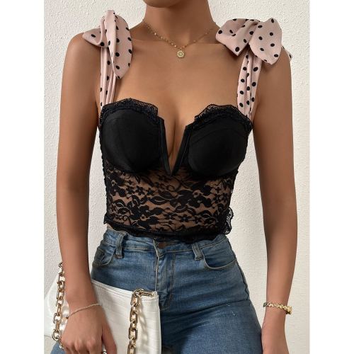 OMONSIM Wholesale Sexy Women Camisole Polka Dot Print Tie Shoulder V Wired Bustier Lace Cami Top