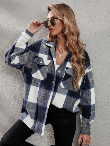 OMONSIM Wholesale Plaid Flap Pocket Drop Shoulder Blouse Spring and Autumn Long-Sleeve Blouse Loose Long Thin Coat Sunscreen Top Fashion