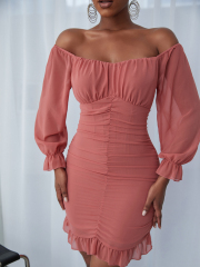 OMONSIM Wholesale Pink Wrinkled Ruffle Edge Tight Sexy Off Shoulder Long Sleeve Dress