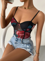 OMONSIM Wholesale Fashion Womens Sleeveless Backless Tops Floral Print Contrast Binding Mesh Cami Crop Top