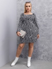OMONSIM Wholesale Fashion Plus Size Womens Dress Square Neck Zebra Stripes Long Sleeve Loose Oversize Dress