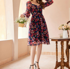 OMONSIM Wholesale Spring New Retro Square Collar Floral Dress