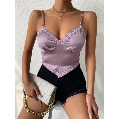 OMONSIM Wholesale Deep V-neck Light Purple Summer Camis for Women Sexy Backless Asymmertic Hem Crop Tops