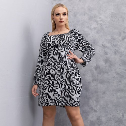 OMONSIM Wholesale Fashion Plus Size Womens Dress Square Neck Zebra Stripes Long Sleeve Loose Oversize Dress