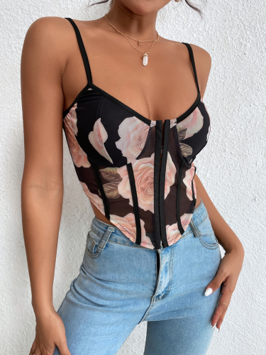OMONSIM Wholesale Women Off Shoulder Slim Crop Tank Tops Floral Mesh Hook And Eye Cami Top