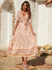 OMONSIM Wholesale Summer Loose Tied Belt Printed Short Sleeve Bohemian Maxi Women Dress