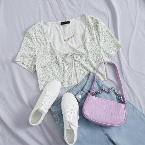 OMONSIM Wholesale Women Crop Shirts Top Floral Print Lace Up Open knitted Short Sleevess Crop Blouses