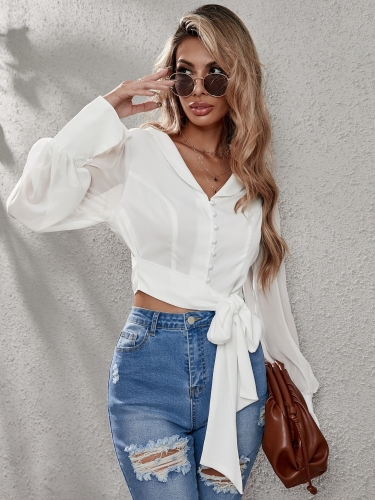 OMONSIM Wholesale White Long Sleeve Work Blouses V-neck Ladies Crop Top Belted Bowtie Women Shirts