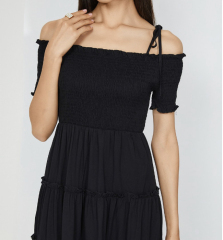 OMONSIM Wholesale Black Off Shoulder Lace Up Pleated Cake Dress Short Sleeve Women