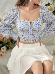 OMONSIM Wholesale Floral Shirts Square Neck Tie Puff Sleeves Design Sensation Niche Shirts Women's Summer Short Navel Long Sleeve Tops