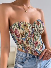 OMONSIM Wholesale Sexy Women Off Shoulder Crop Tops Floral Print Crisscross Hanky Hem Bustier Tube Top