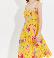 OMONSIM Wholesale Summer Elegant Temperament Yellow Floral Long Dress Feminine Side Slit Design Dress