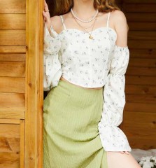 OMONSIM Wholesale Puff Sleeve Floral Shirt Women's Design Sensation Niche Chic Tube Top Short Top Women
