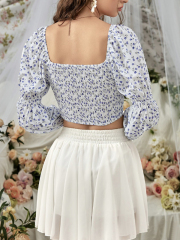 OMONSIM Wholesale Floral Shirts Square Neck Tie Puff Sleeves Design Sensation Niche Shirts Women's Summer Short Navel Long Sleeve Tops