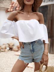 OMONSIM Wholesale Off Shoulder Sexy Crop Top Short Sleeve Summer Ladies Shirts