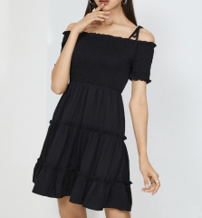 OMONSIM Wholesale Black Off Shoulder Lace Up Pleated Cake Dress Short Sleeve Women