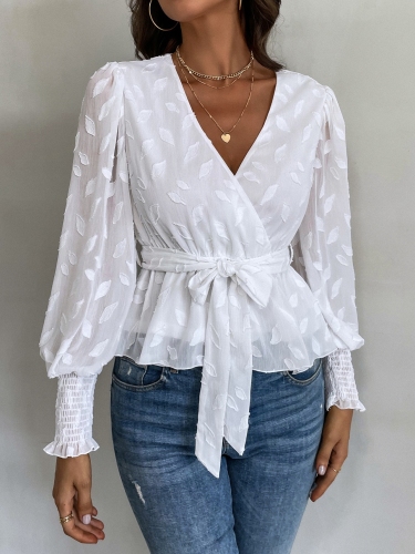 OMONSIM Wholesale White Long Sleeve Casual Blouses Women Sexy Elegant Bow Lace Up V-neck Fashion Ladies Tops