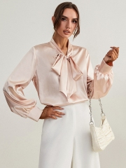 OMONSIM Wholesale Long Sleeve Women Blouses Fashion Work Casual Satin Tops Bow Elegant Loose Women Business Shirts