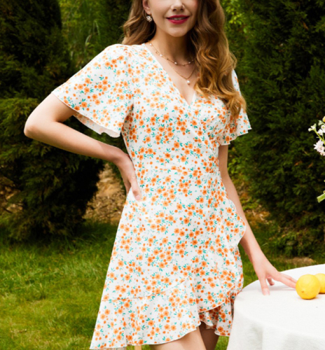 OMONSIM Wholesale Temperament V-neck Waist Floral Dress High Waist Slim Short Irregular Hem Ruffle Skirt