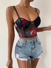 OMONSIM Wholesale Fashion Womens Sleeveless Backless Tops Floral Print Contrast Binding Mesh Cami Crop Top