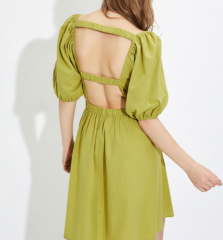 OMONSIM Wholesale Green Square Neck Dress Women Show White Waist Hollow Out Design Puff Sleeve Skirt